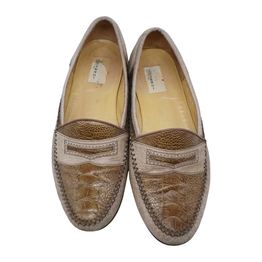 Moreschi Tan Ostrich Leather Penny Loafers Mens 9‎ Made in Italy
